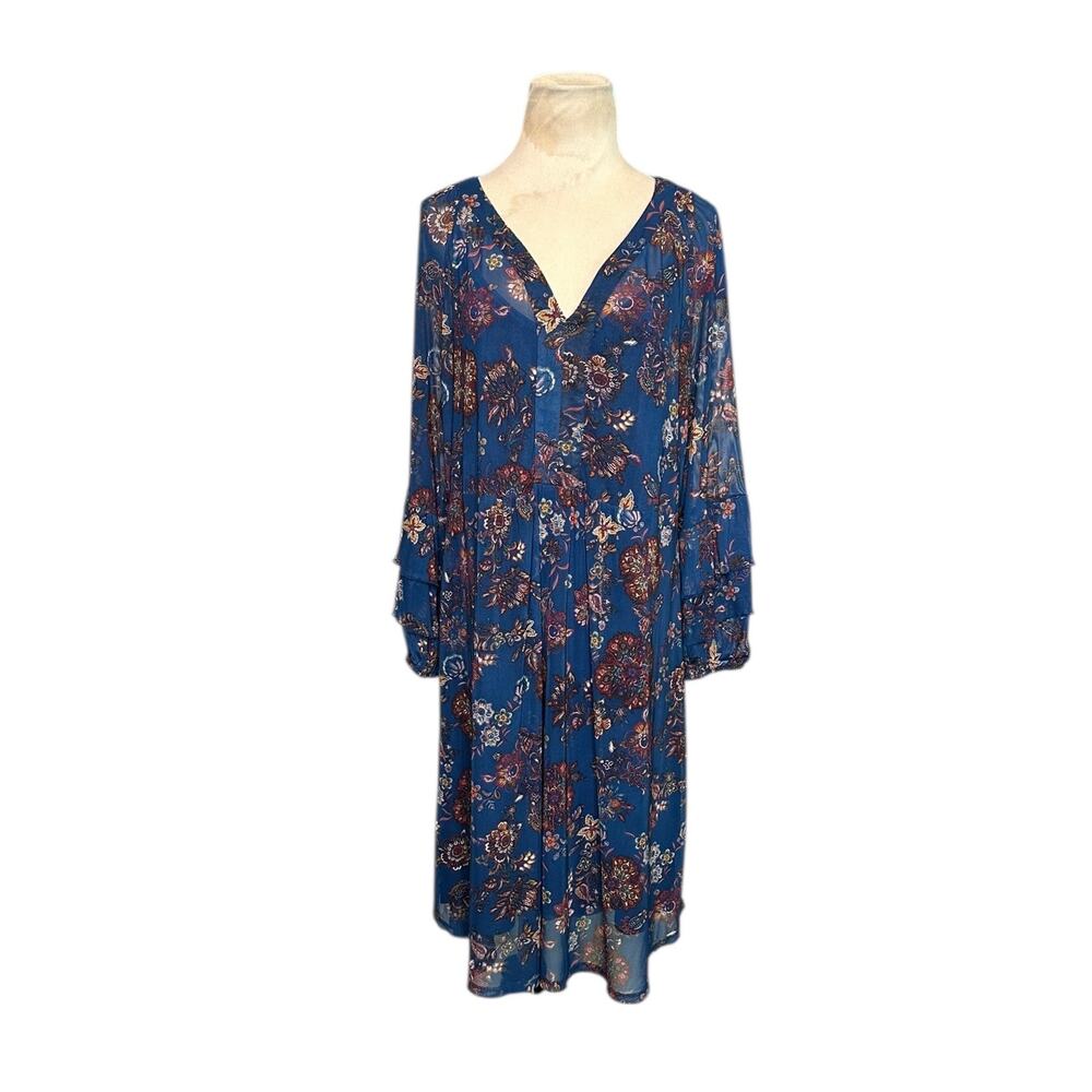 Fig & Flower Blue floral long sleeves midi dress size XL